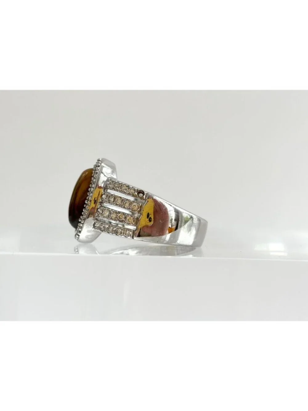 Genuine Tiger's Eye Gemstone Open Shank Sterling Silver 925 Vintage Ring - sz 8